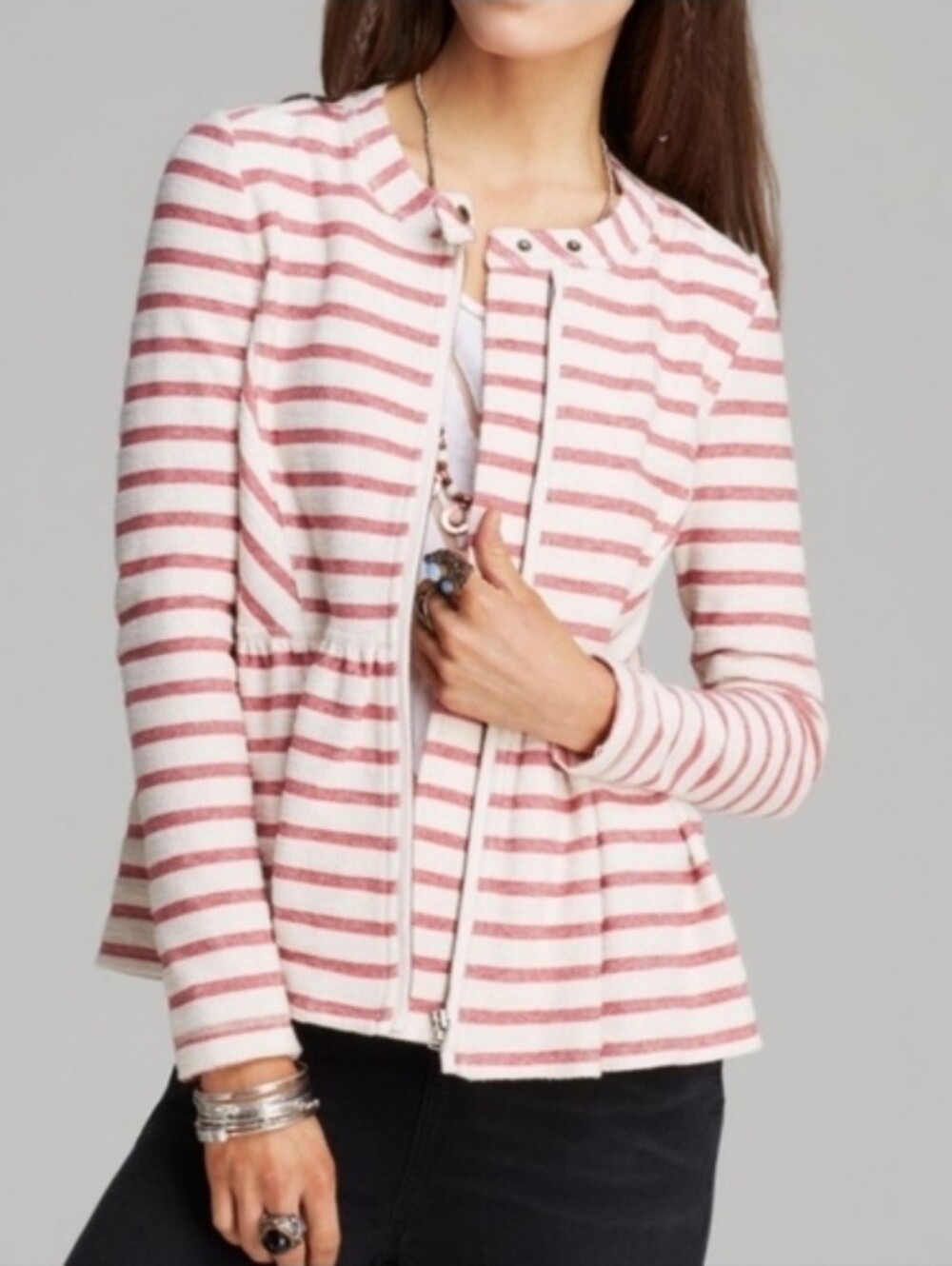 Free People Pink and White Striped Peplum Zip Jacket